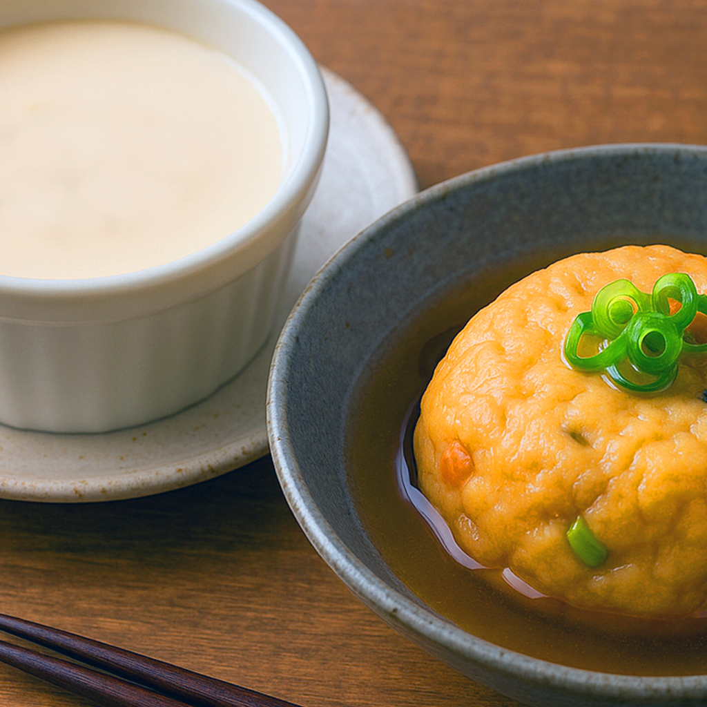 豆乳・冷凍がんもなど大豆加工品のOEM製造イメージと盛り付け写真